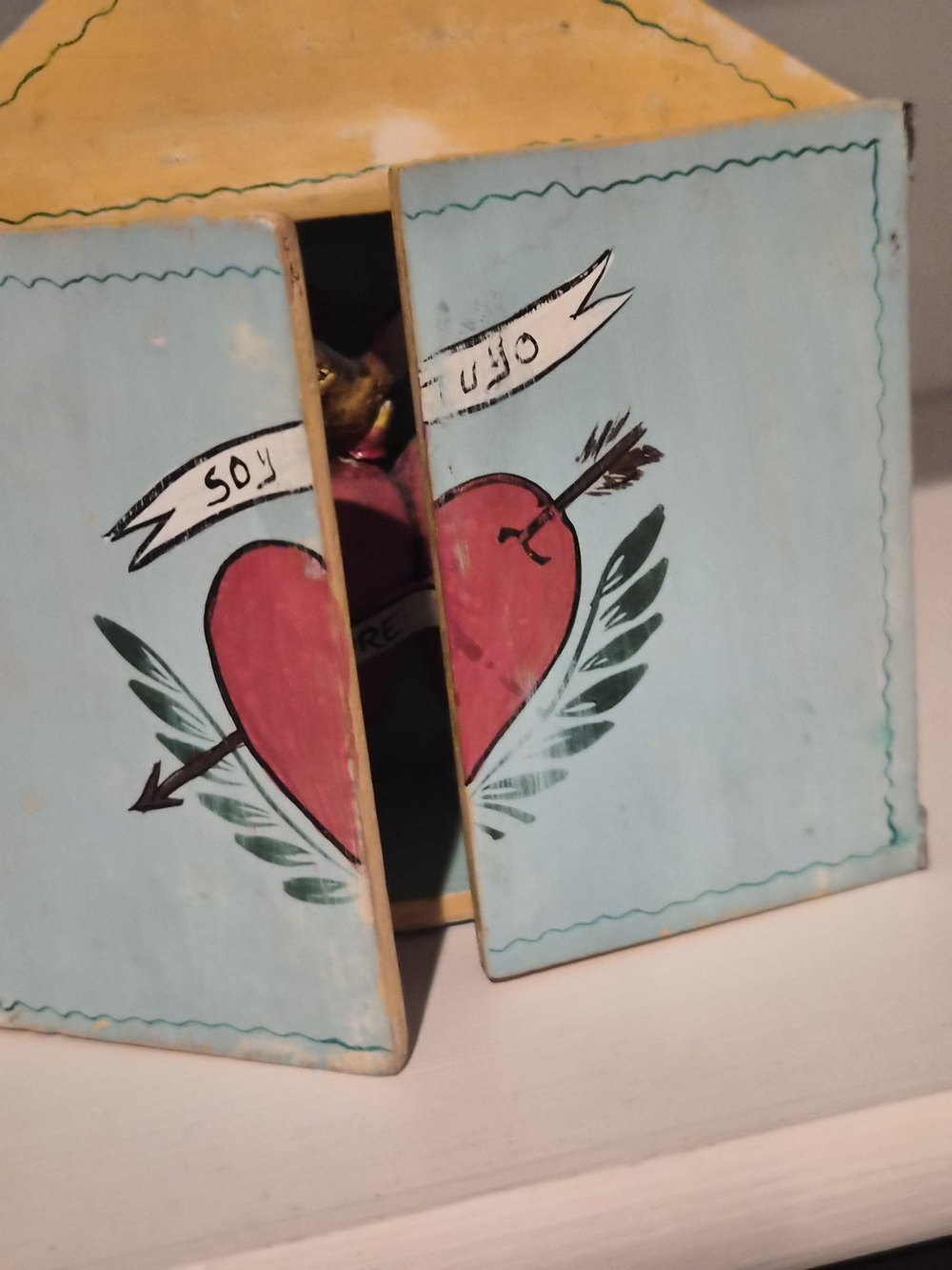 Hand-Painted Heart Wood Box - Blue and Pink - Unbranded